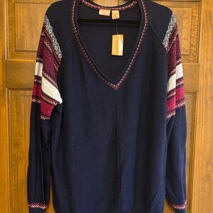 Northcrest Navy V-Neck Sweater with Striped Sleeves